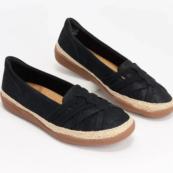 Clarks Collection Elaina Petal Woven Vamp Jute Trim Black Flats Women US 10M - Picture 1 of 13